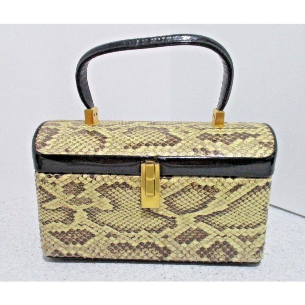 *Vintage Saks 5th Ave Taupe Beige Python Genuine Leather Top Handle Box Bottom